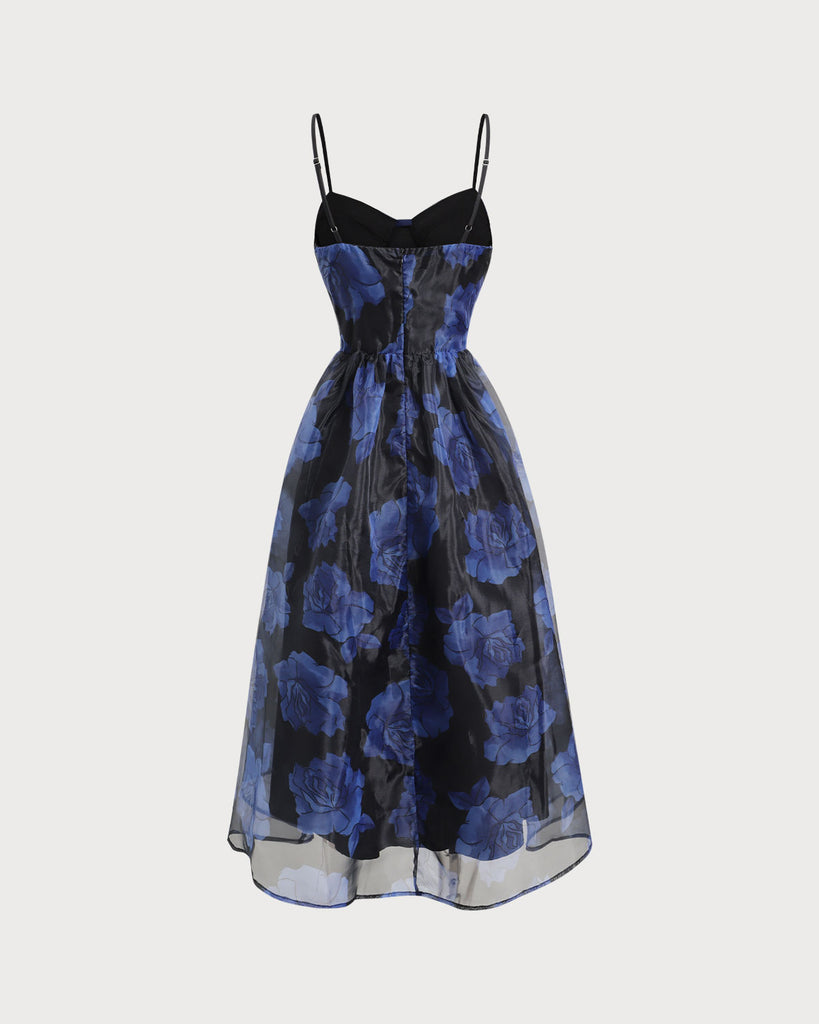 Navy Floral Sweetheart Neck Slip Midi Dress - RIHOAS