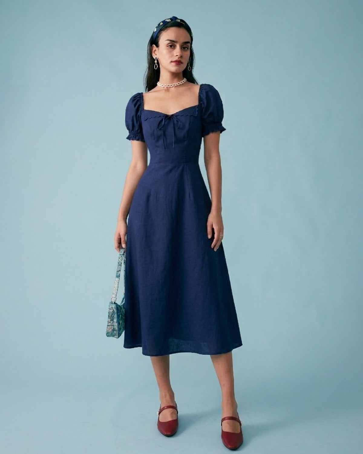 women's formal midi dress with sleeves Rihoas Elegant V Neck Puff Sleeve Midi Dress