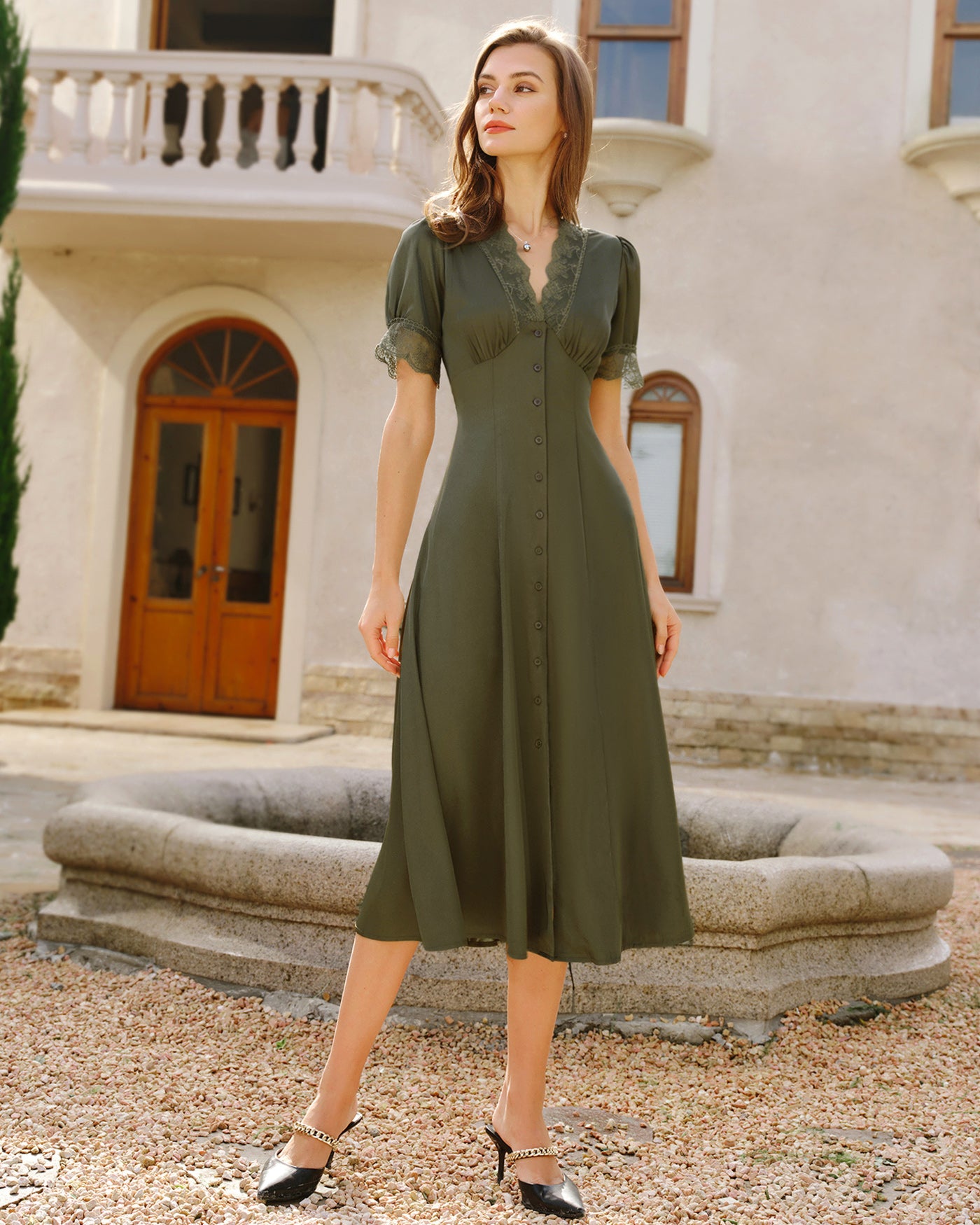 Green Lace Satin Midi Dress & Reviews - Green - Dresses | RIHOAS Green Lace Satin Midi Dress & Reviews - Green - Dresses | RIHOAS