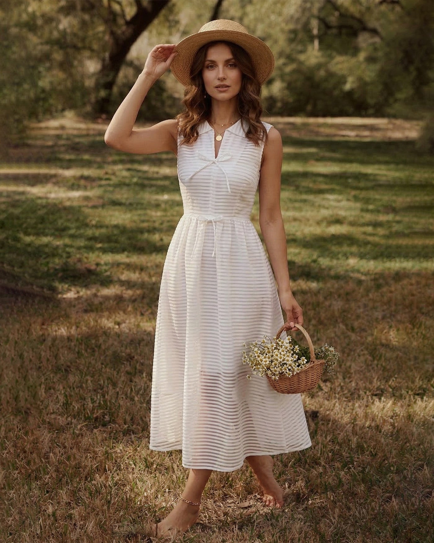 womens white midi dress Erika Flutter Sleeve XL Our size is Asian size Rihoas Striped Sleeveless Midi Dress