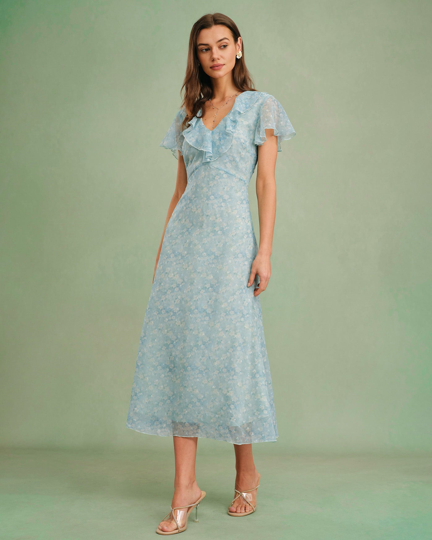 Blue V Neck Floral Ruffle Midi Dress & Reviews - Blue - Dresses