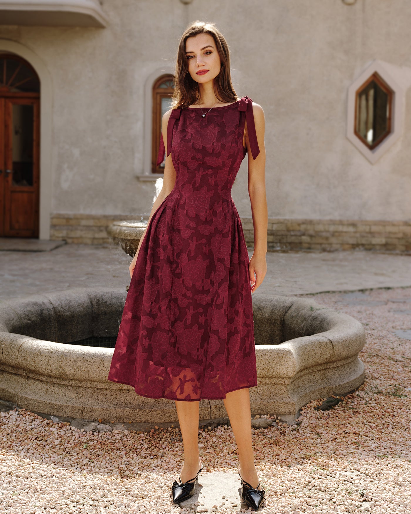 Red Jacquard Chiffon Midi Dress & Reviews - Red - Dresses | RIHOAS