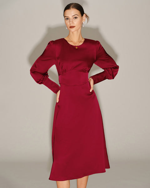 Rihoas Burgundy Satin Midi Dress Long Sleeve Round Neck for Winter Wedding Guest, Cocktail Party, Wine Red / XL Rihoas Burgundy Satin Midi Dress Long Sleeve Round Neck for Winter Wedding Guest, Cocktail Party, Wine Red / XL