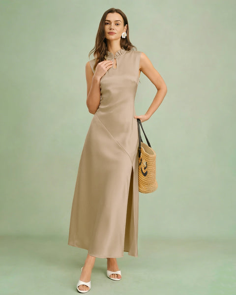 women off shoulder midi dress apricot Loragal Round Neck Puff Short Sleeve Solid Color A-Line Gowns Midi Dresses-Apricot Apricot-S