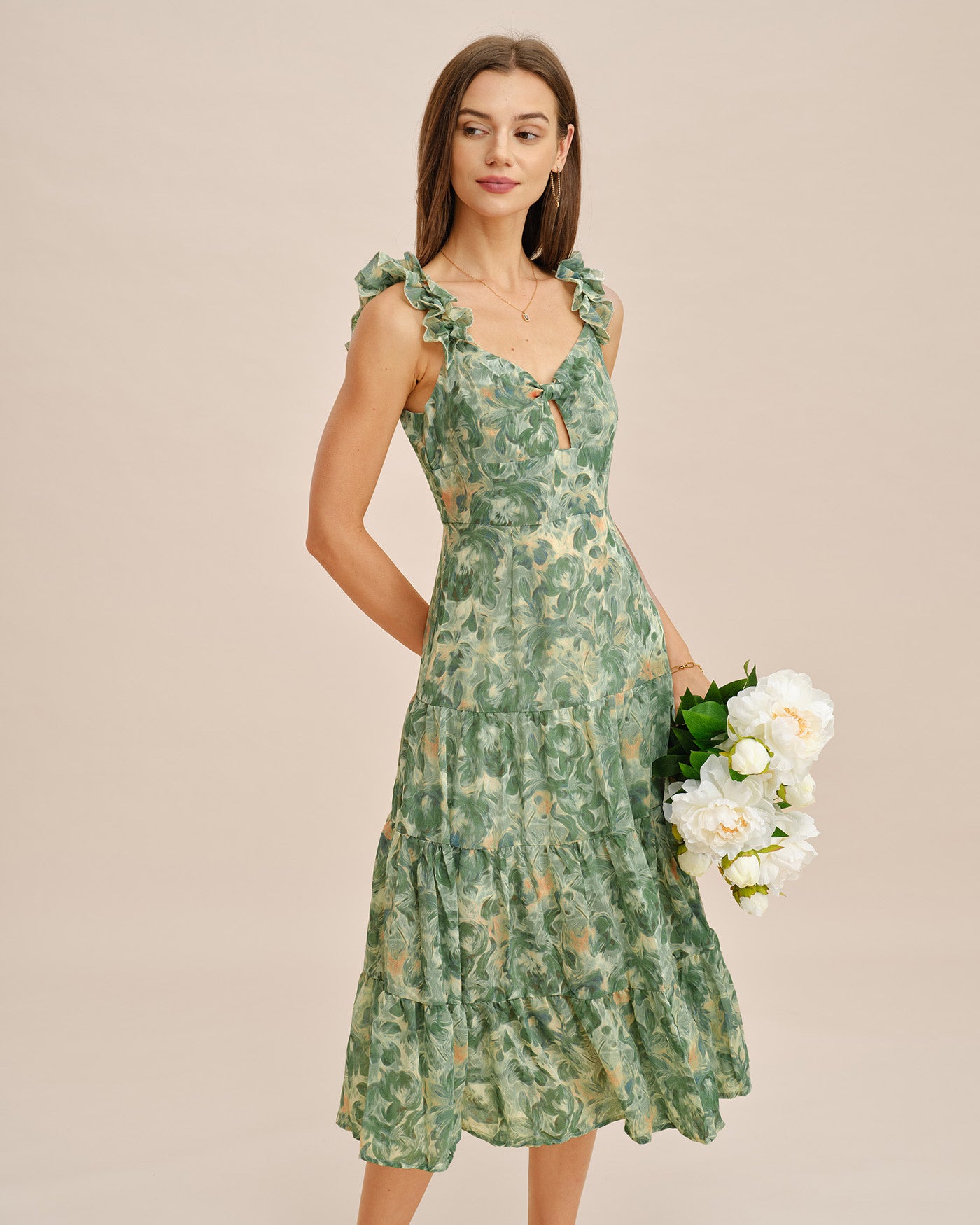 Rihoas Frill Strap Floral Midi Dress