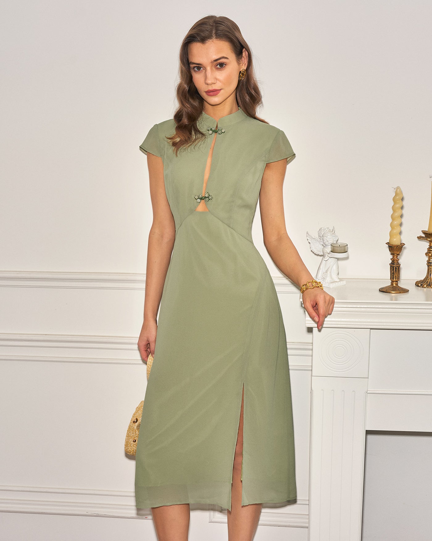 midi collar dress women Green Mandarin Collar Chiffon Midi Dress