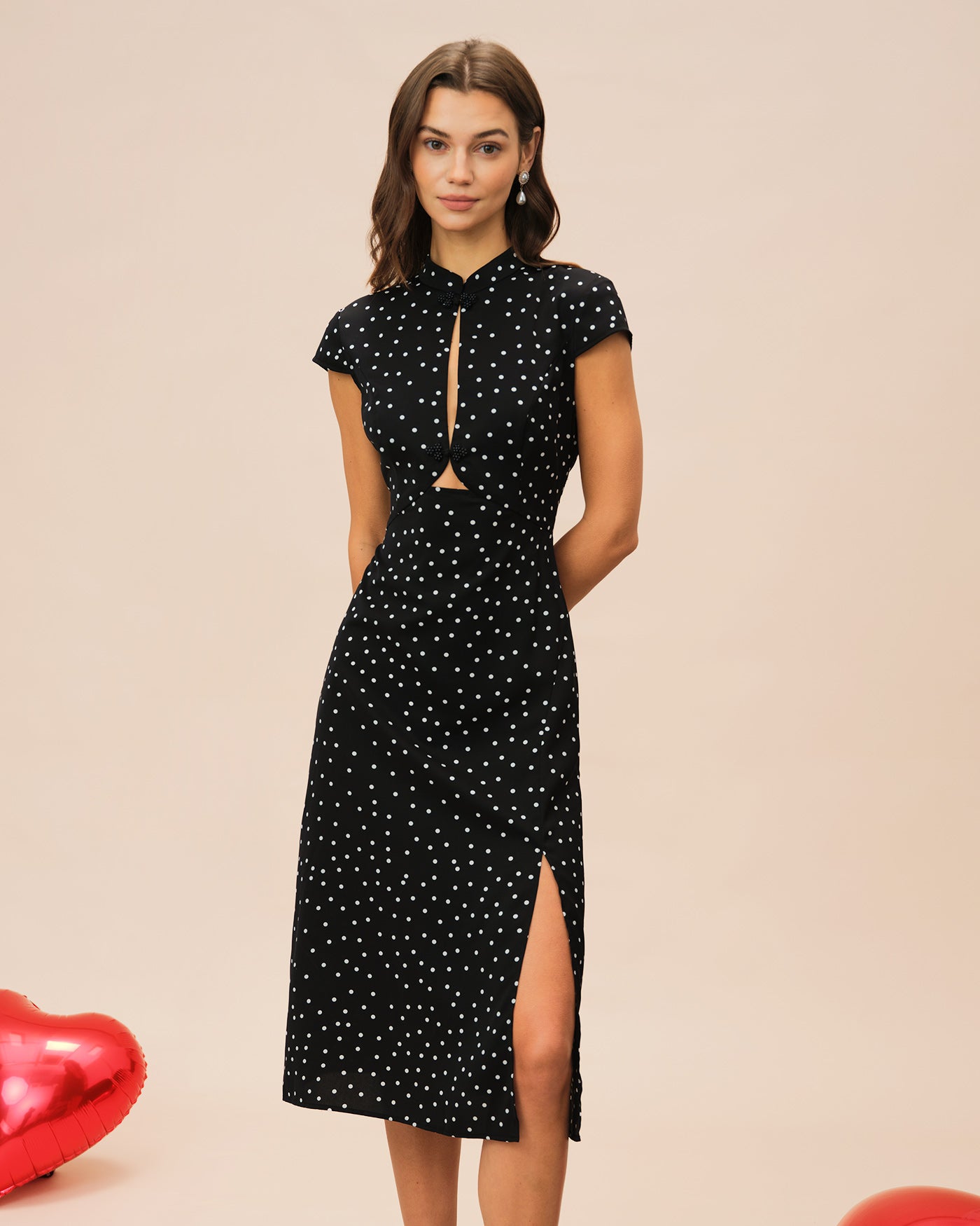 Rihoas Polka Dot Mandarin Collar Midi Dress | Keyhole Slit for Summer, Cocktail Party, Wedding Guest, Black / S Rihoas Polka Dot Mandarin Collar Midi Dress | Keyhole Slit for Summer, Cocktail Party, Wedding Guest, Black / S