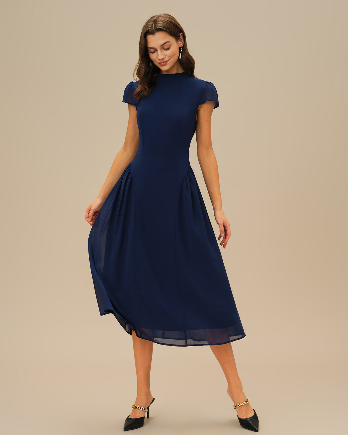Blue Puffed Sleeve Midi Dress & Reviews - Blue
