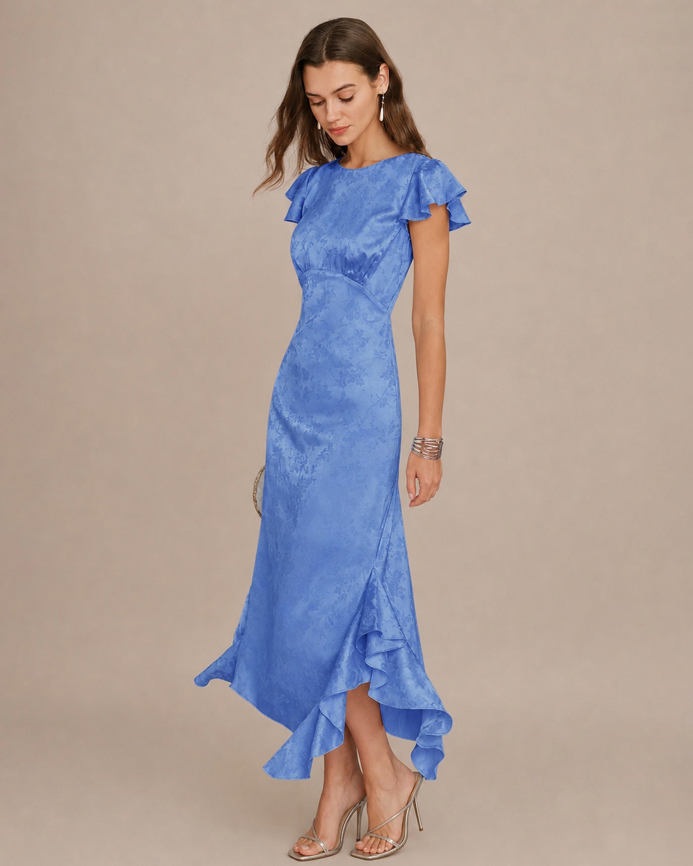 Blue Boat Neck Jacquard Ruffle Midi Dress & Reviews - Blue - Dresses