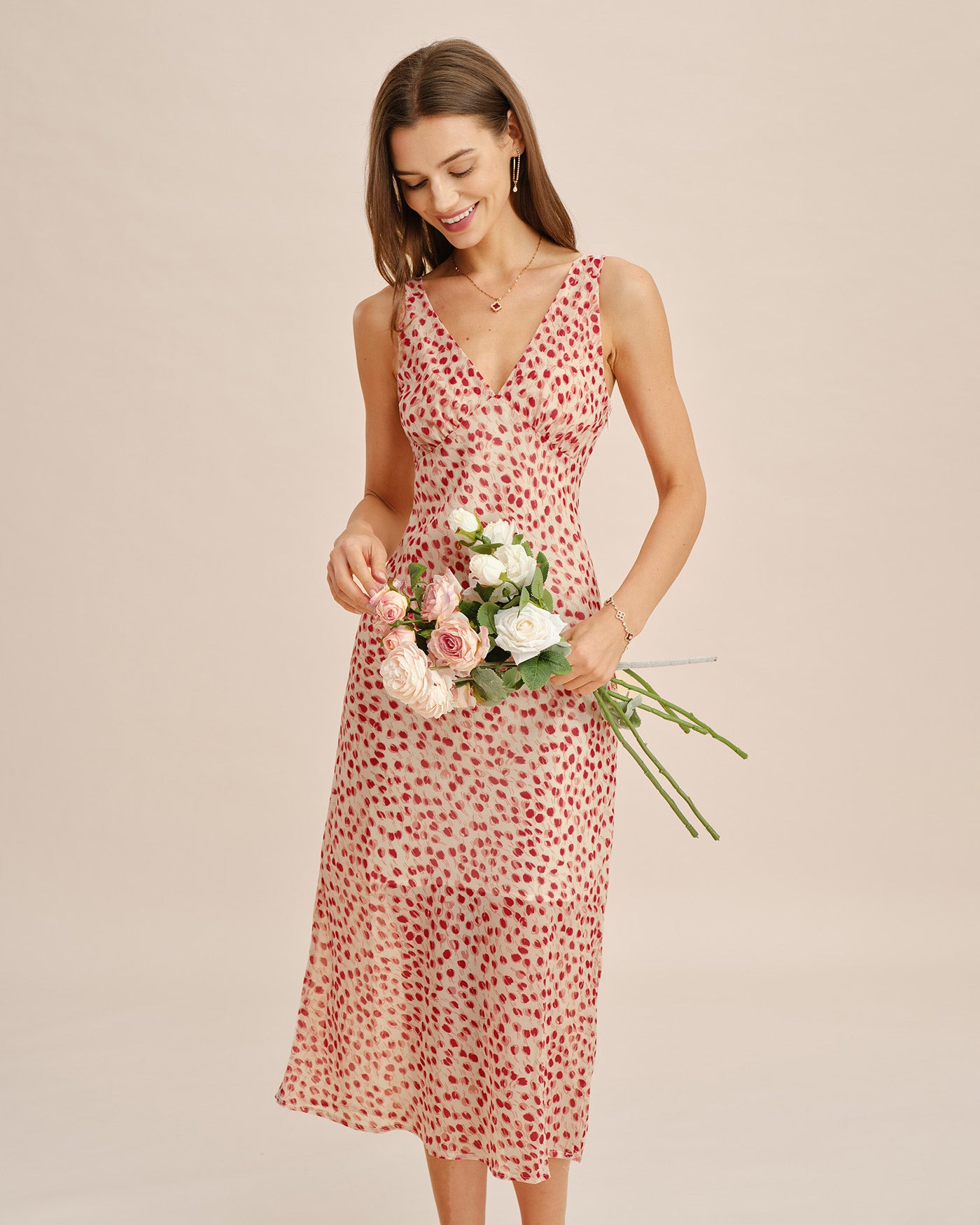 Pink V Neck Floral Midi Dress Pink V Neck Floral Midi Dress