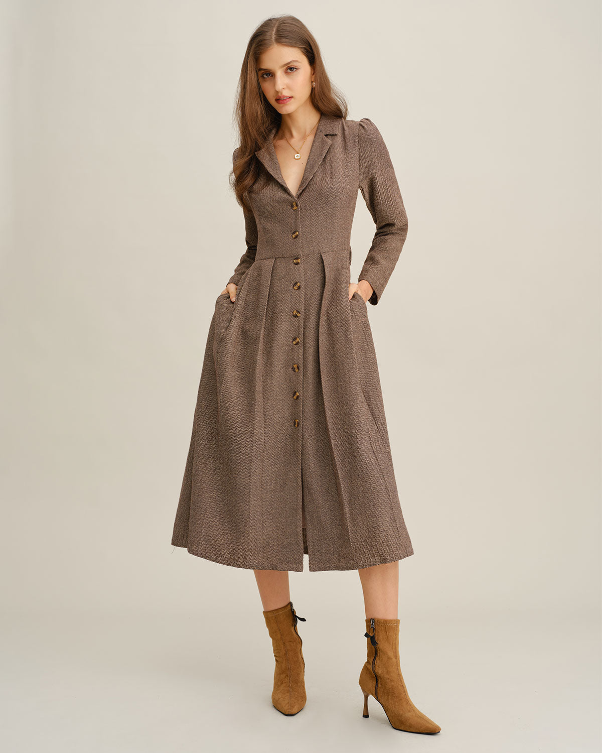 Brown A-Line Pleated Midi Dress & Reviews - Brown - Dresses
