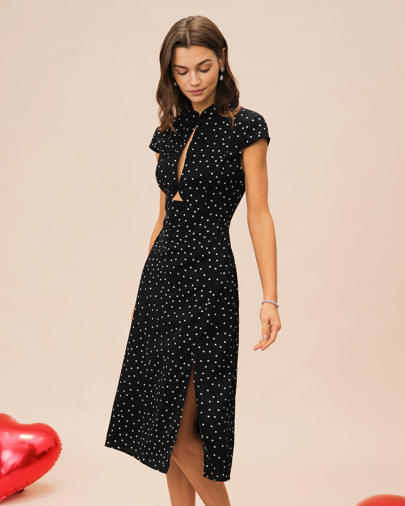 Rihoas Polka Dot Mandarin Collar Midi Dress