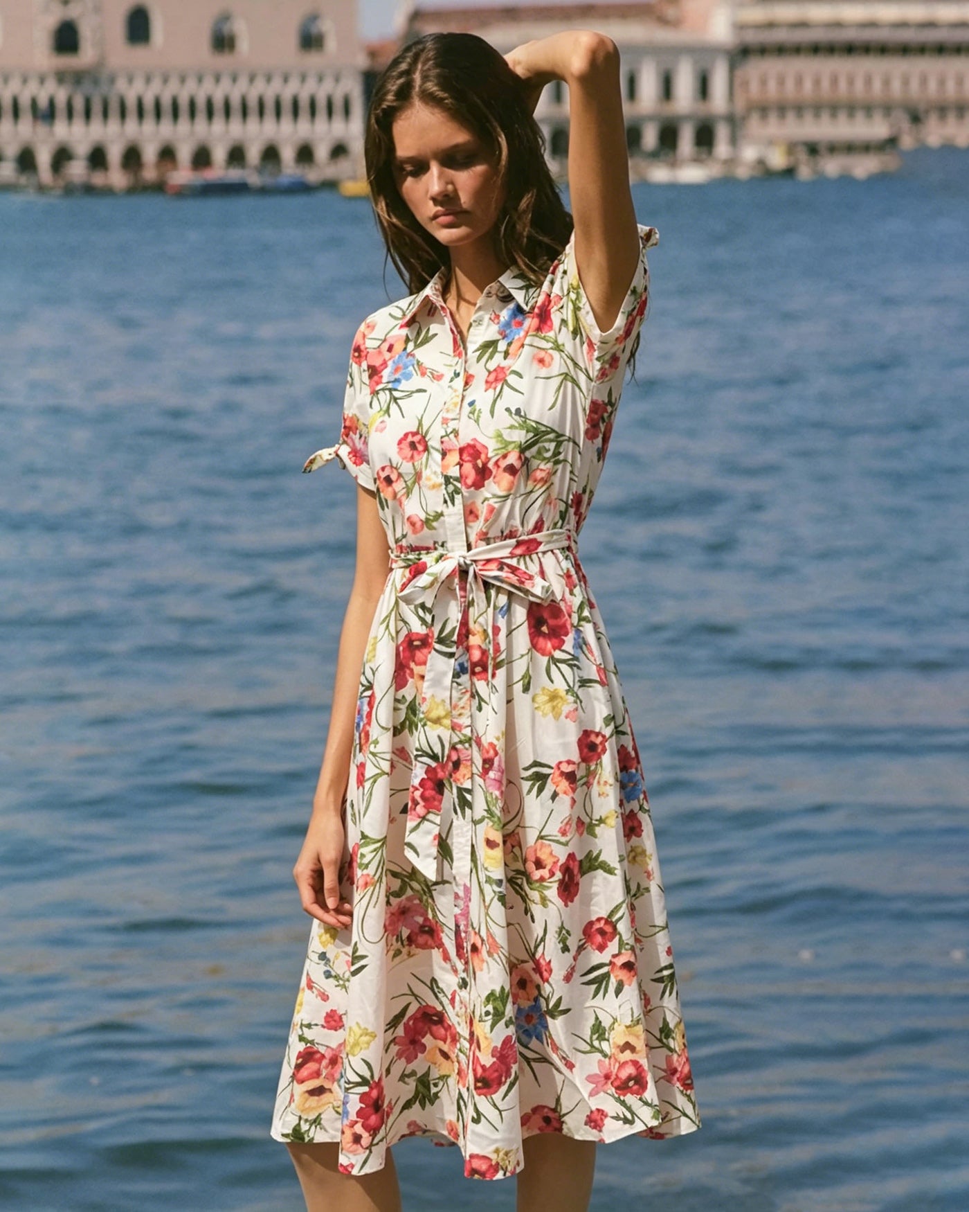 Rihoas Floral Button Front Belted Midi Shirt Dress