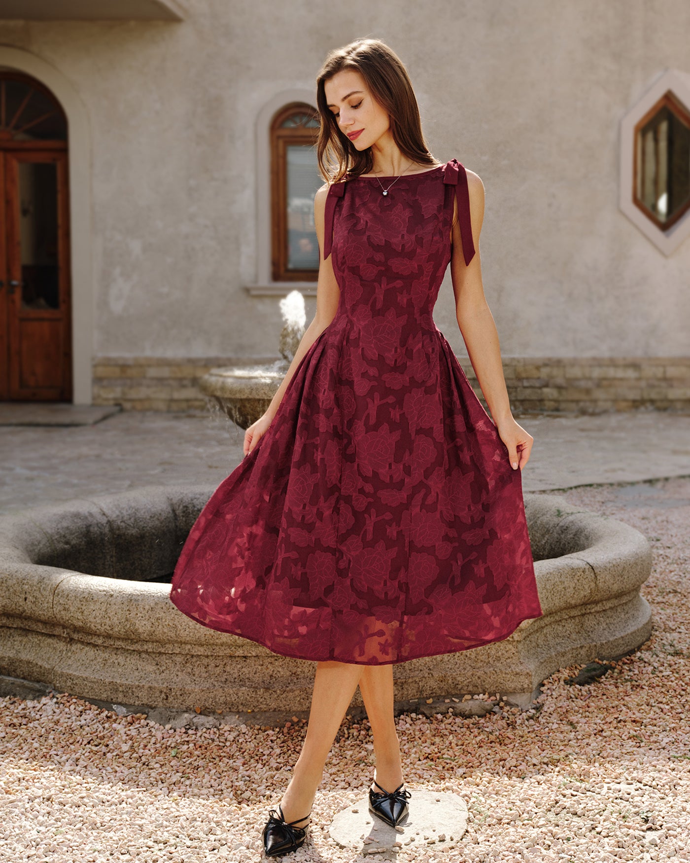 Red Jacquard Chiffon Midi Dress & Reviews - Red - Dresses | RIHOAS