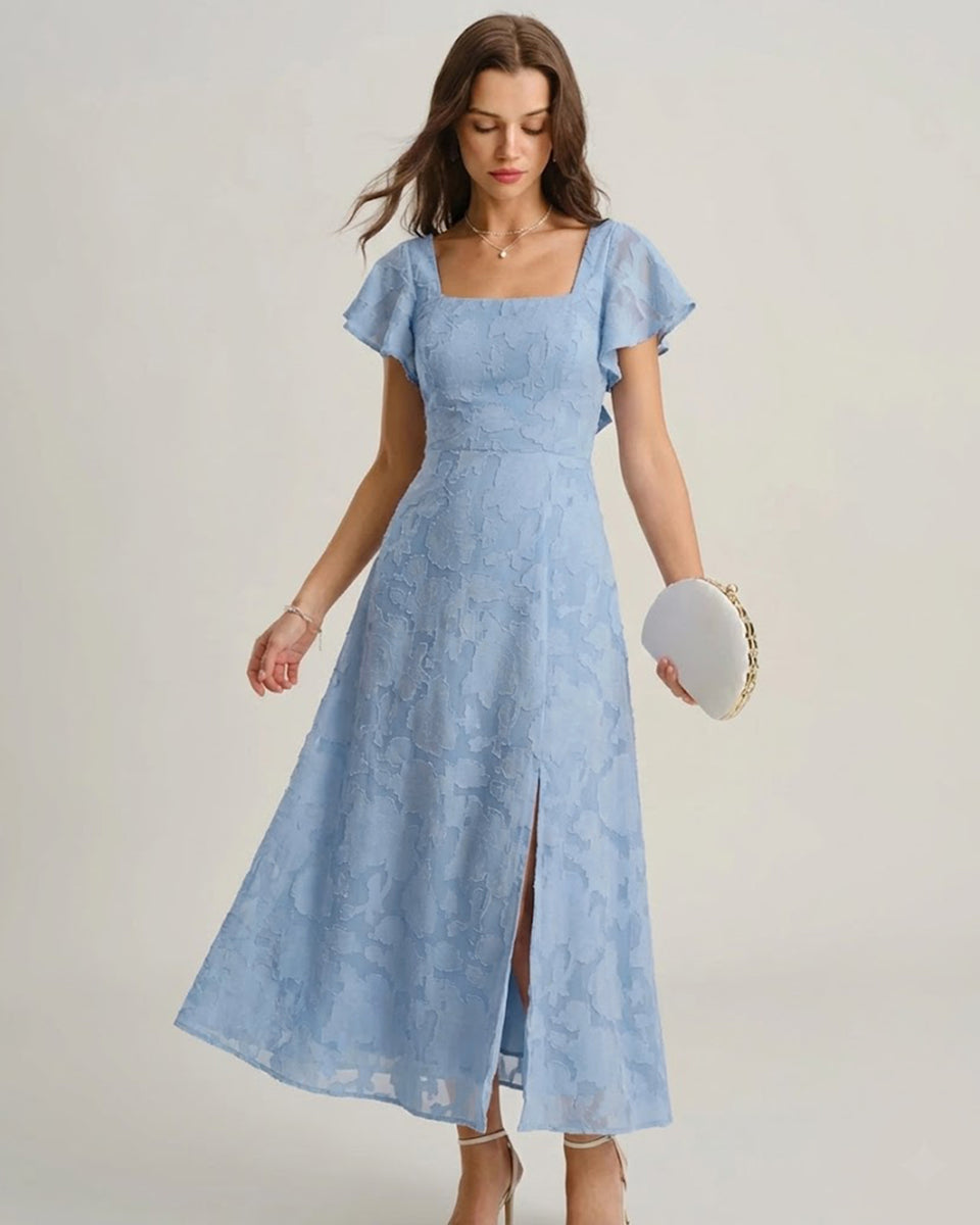 Blue floral square neck midi dress for a garden summer wedding guest