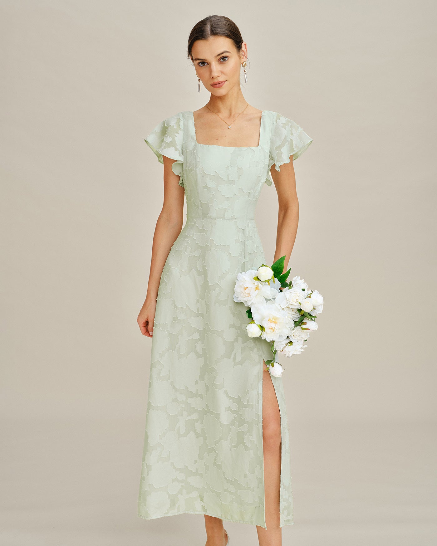 Rihoas Jacquard Floral Square Neck Midi Dress