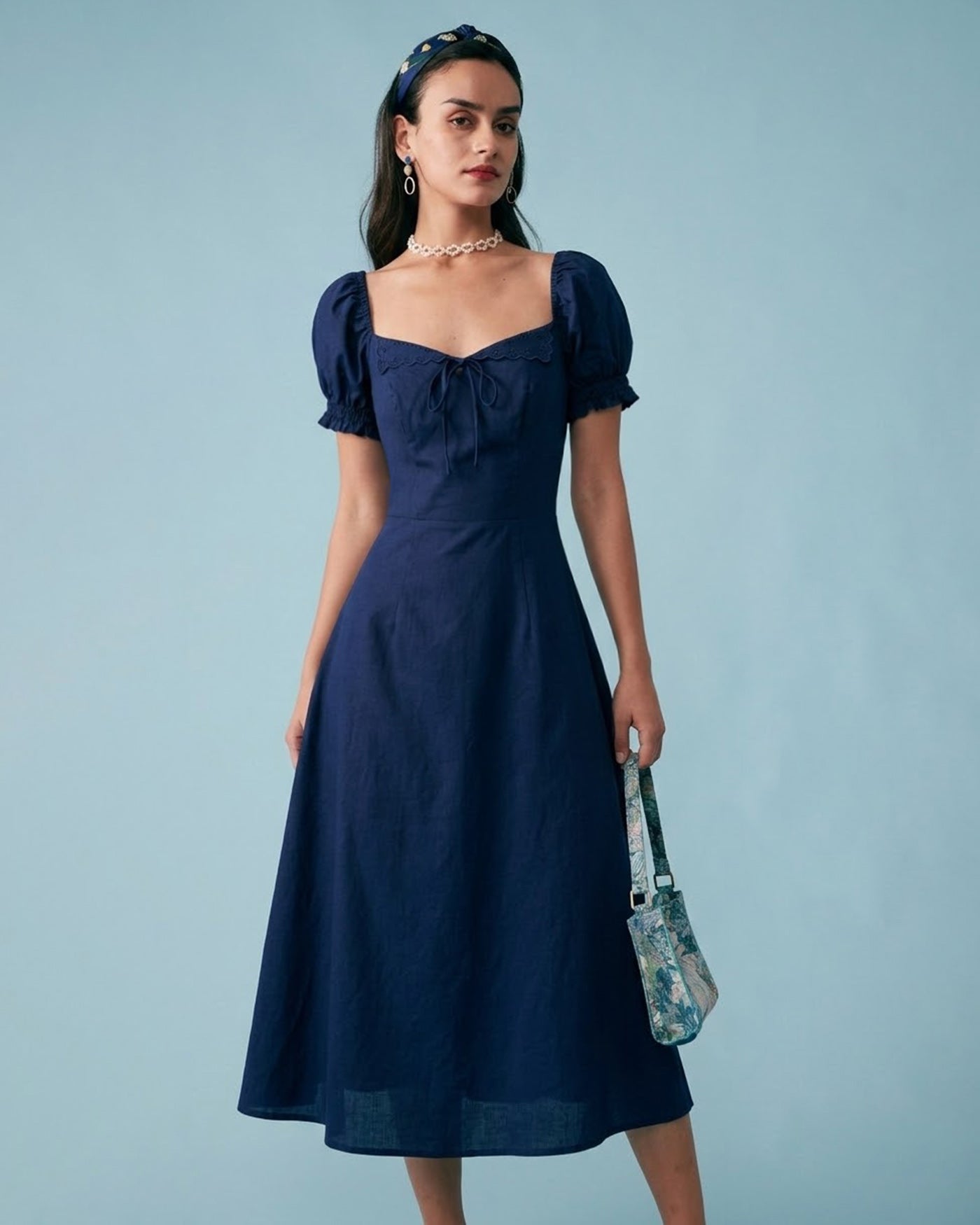 Rihoas Elegant V Neck Puff Sleeve Midi Dress