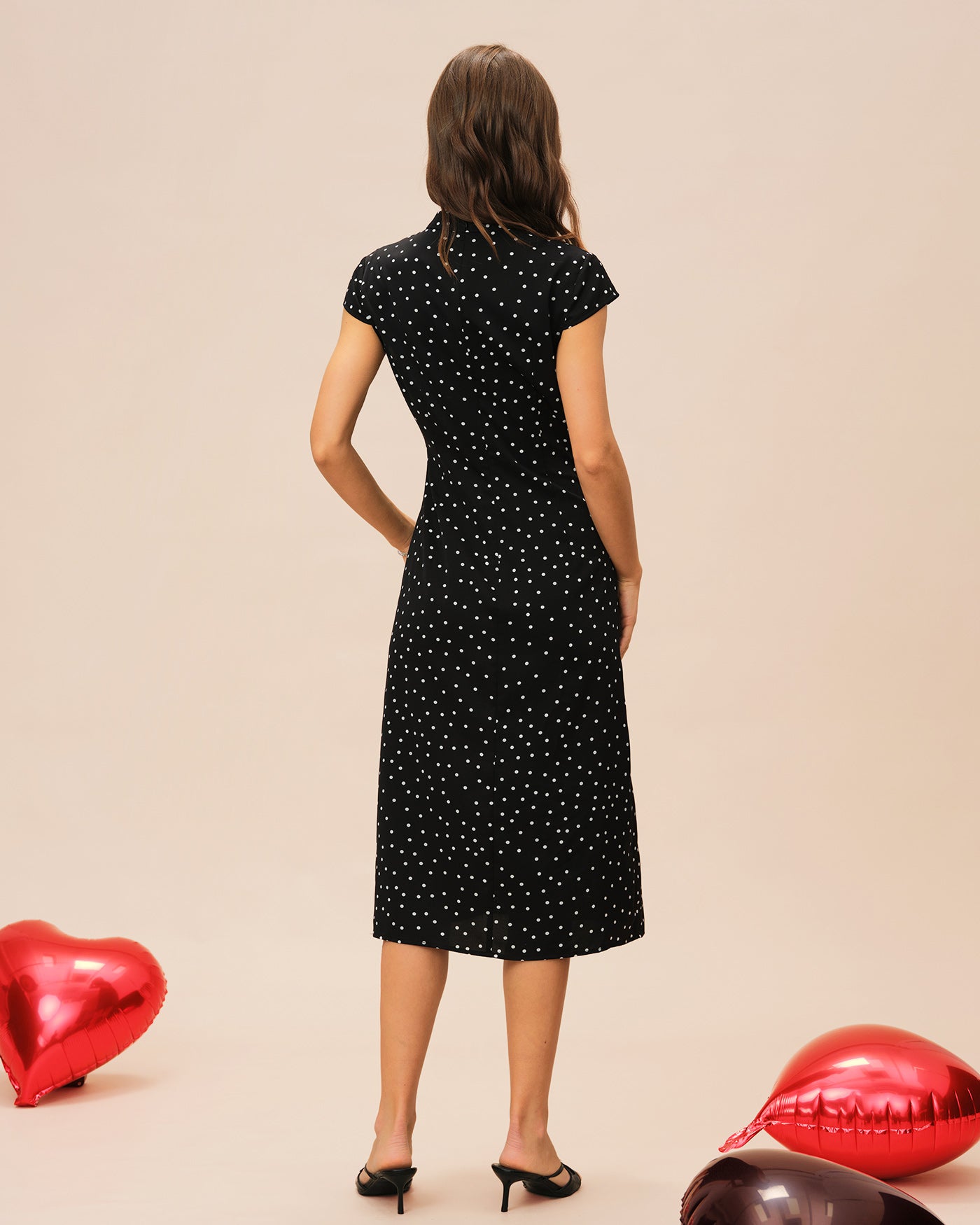 Rihoas Polka Dot Mandarin Collar Midi Dress | Keyhole Slit for Summer, Cocktail Party, Wedding Guest, Black / S Rihoas Polka Dot Mandarin Collar Midi Dress | Keyhole Slit for Summer, Cocktail Party, Wedding Guest, Black / S