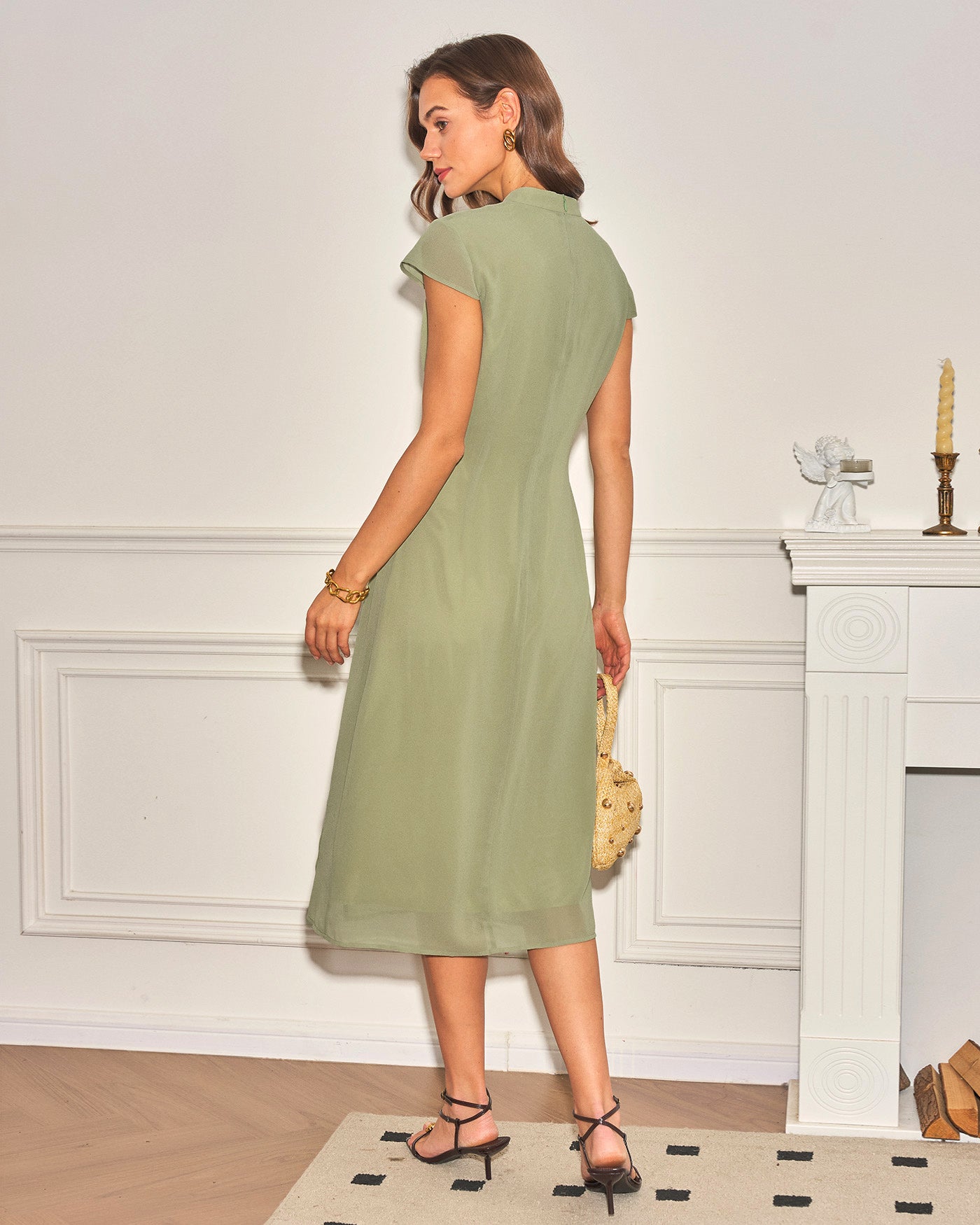 Green Mandarin Collar Chiffon Midi Dress & Reviews - Green - Dresses