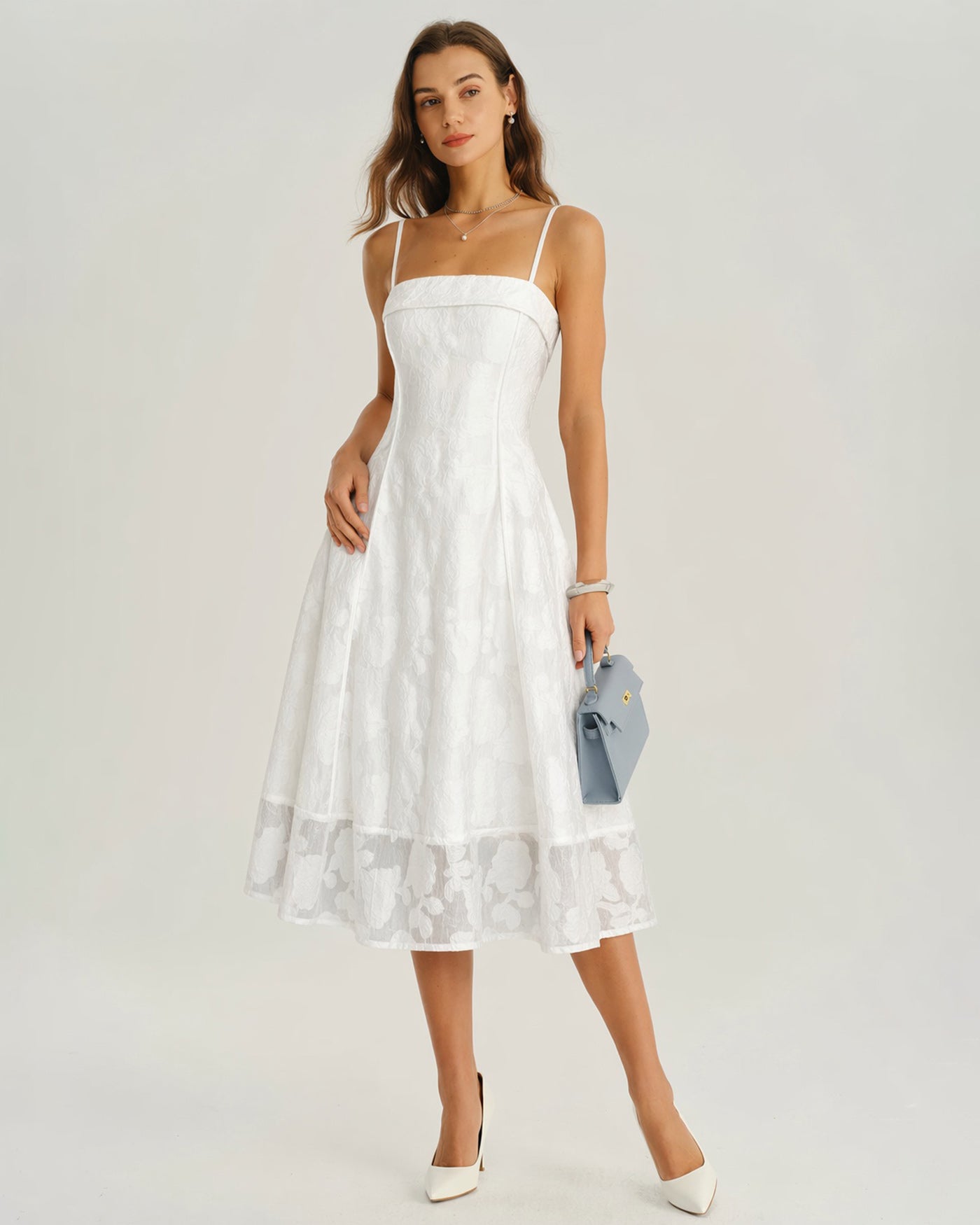 White Square Neck Jacquard Slip Midi Dress & Reviews - White - Dresses