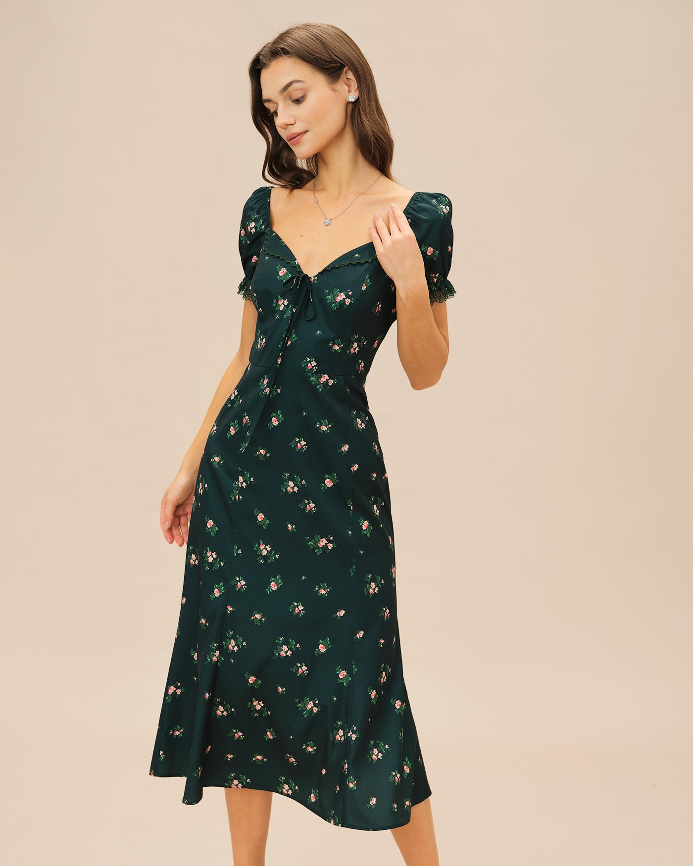 Rihoas Floral Sweetheart Midi Dress | Puff Sleeve A Line Flowy Dress for Summer Casual, Wedding Guest, Garden Party, Green / XS Rihoas Floral Sweetheart Midi Dress | Puff Sleeve A Line Flowy Dress for Summer Casual, Wedding Guest, Garden Party, Green / XS