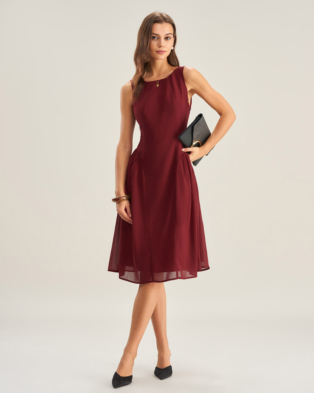 Wine Red Chiffon Sleeveless Midi Dress & Reviews - Wine Red - Dresses