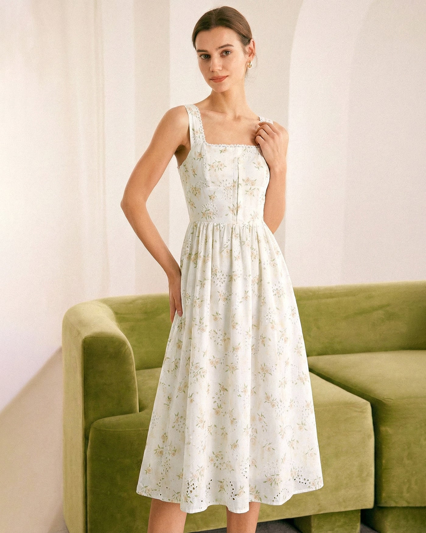 Rihoas Floral Ruched Midi Dress for Women, Yellow / XL Rihoas Floral Ruched Midi Dress for Women, Yellow / XL