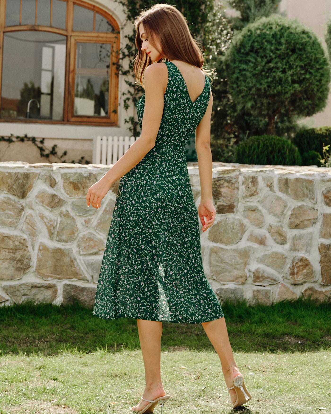 Green V Neck Floral Midi Dress Green V Neck Floral Midi Dress