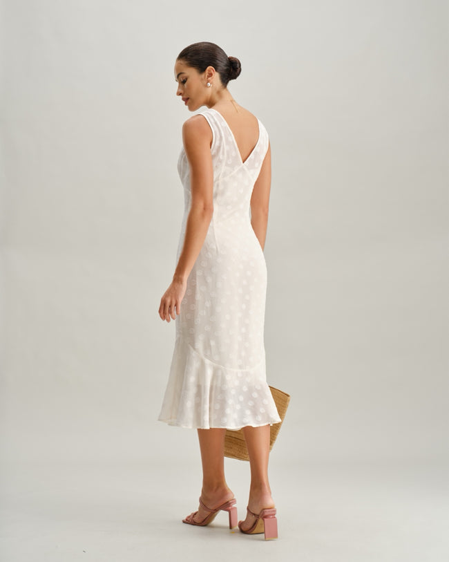 Beige Polka Dot V-Neck Midi Dress