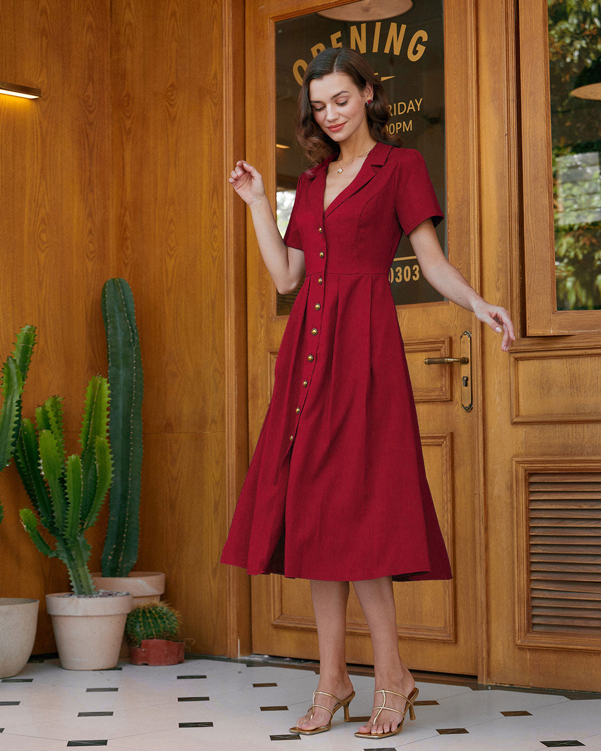 Rihoas Collared Midi Shirt Dress in Red Linen-Blend Rihoas Collared Midi Shirt Dress in Red Linen-Blend
