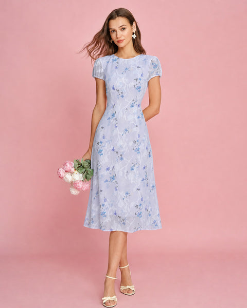 Rihoas Puffed Sleeve Jacquard Midi Dress