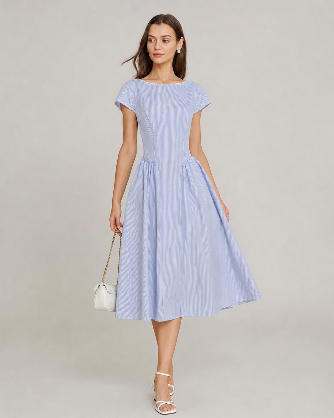 Rihoas Elegant Short Sleeve Boat Neck Midi Dress