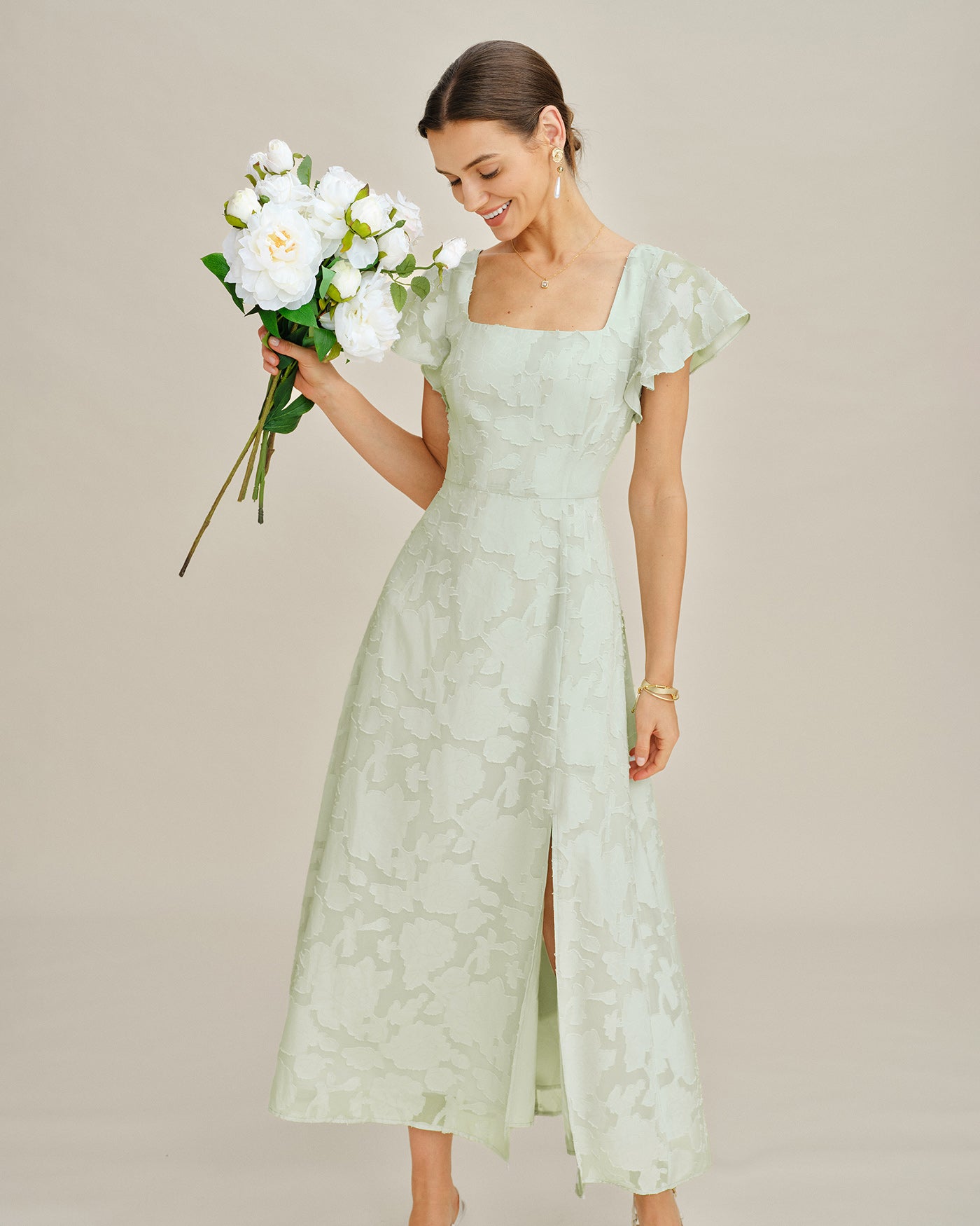 knee length dresses for ladies Light Green Floral Deep V-Neck Long Sleeve Midi Dress – PinkBlush main image 1