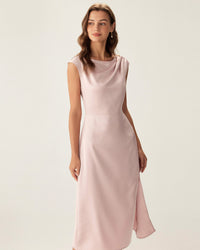 Pink Satin Boat Neck Slit Sleeveless Midi Dress - RIHOAS