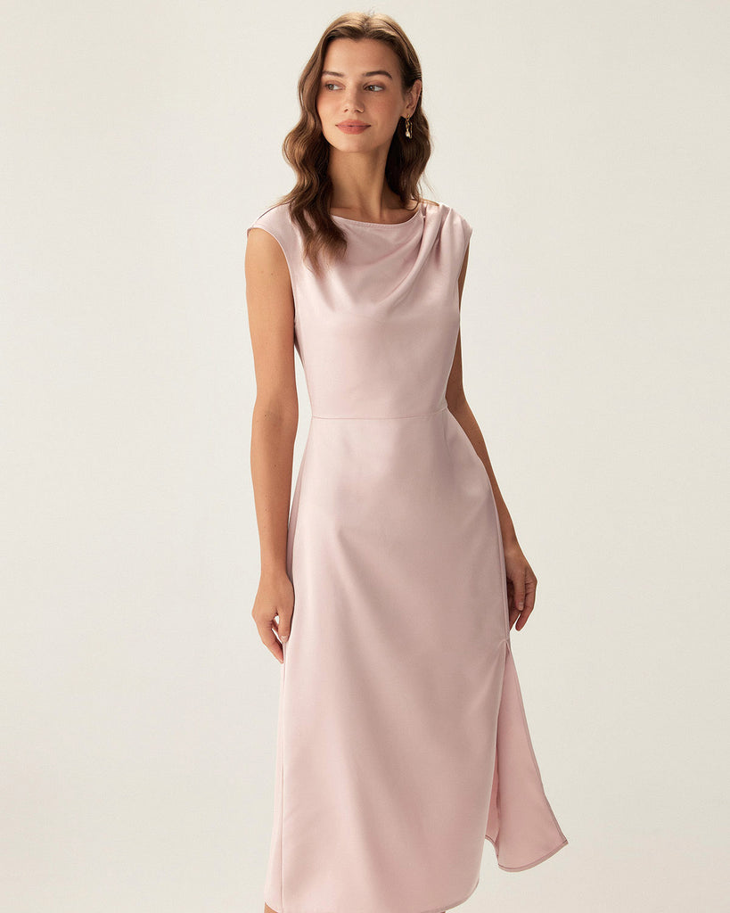 Pink Satin Boat Neck Slit Sleeveless Midi Dress - RIHOAS