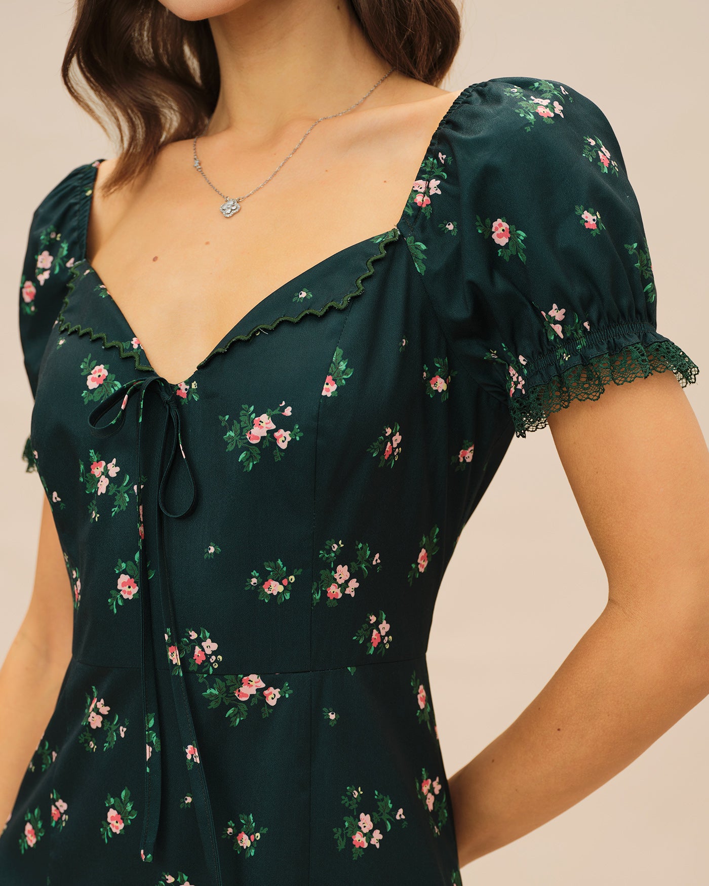 Green Puffed Sleeve Floral Midi Dress & Reviews - Green - Dresses | RIHOAS Green Puffed Sleeve Floral Midi Dress & Reviews - Green - Dresses | RIHOAS