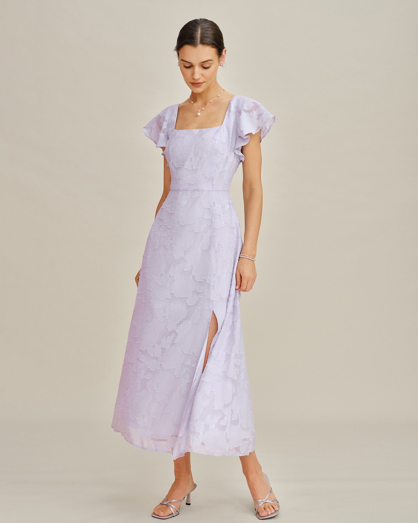 Purple Square Neck Jacquard Midi Dress Purple Square Neck Jacquard Midi Dress