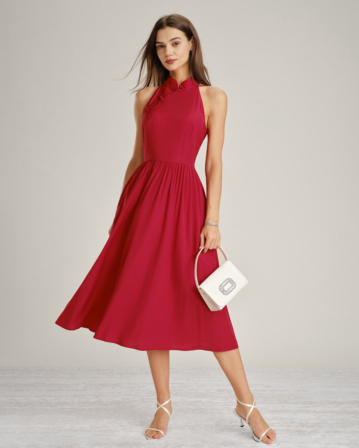 Red Mandarin Collar Pockets Midi Dress & Reviews - Red - Dresses