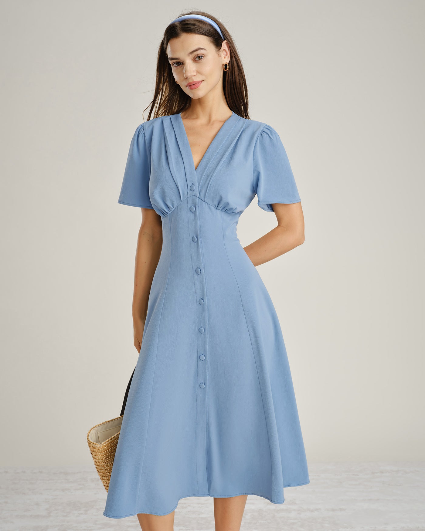 baby blue midi dress Blue V Neck Ruched Button Midi Dress & Reviews - Blue - Dresses