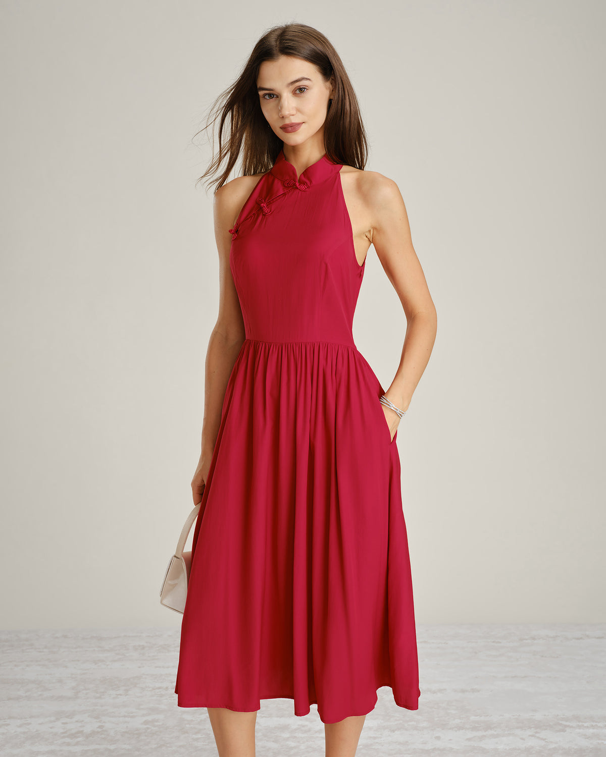 midi red halter dress Red Mandarin Collar Pockets Midi Dress & Reviews - Red - Dresses
