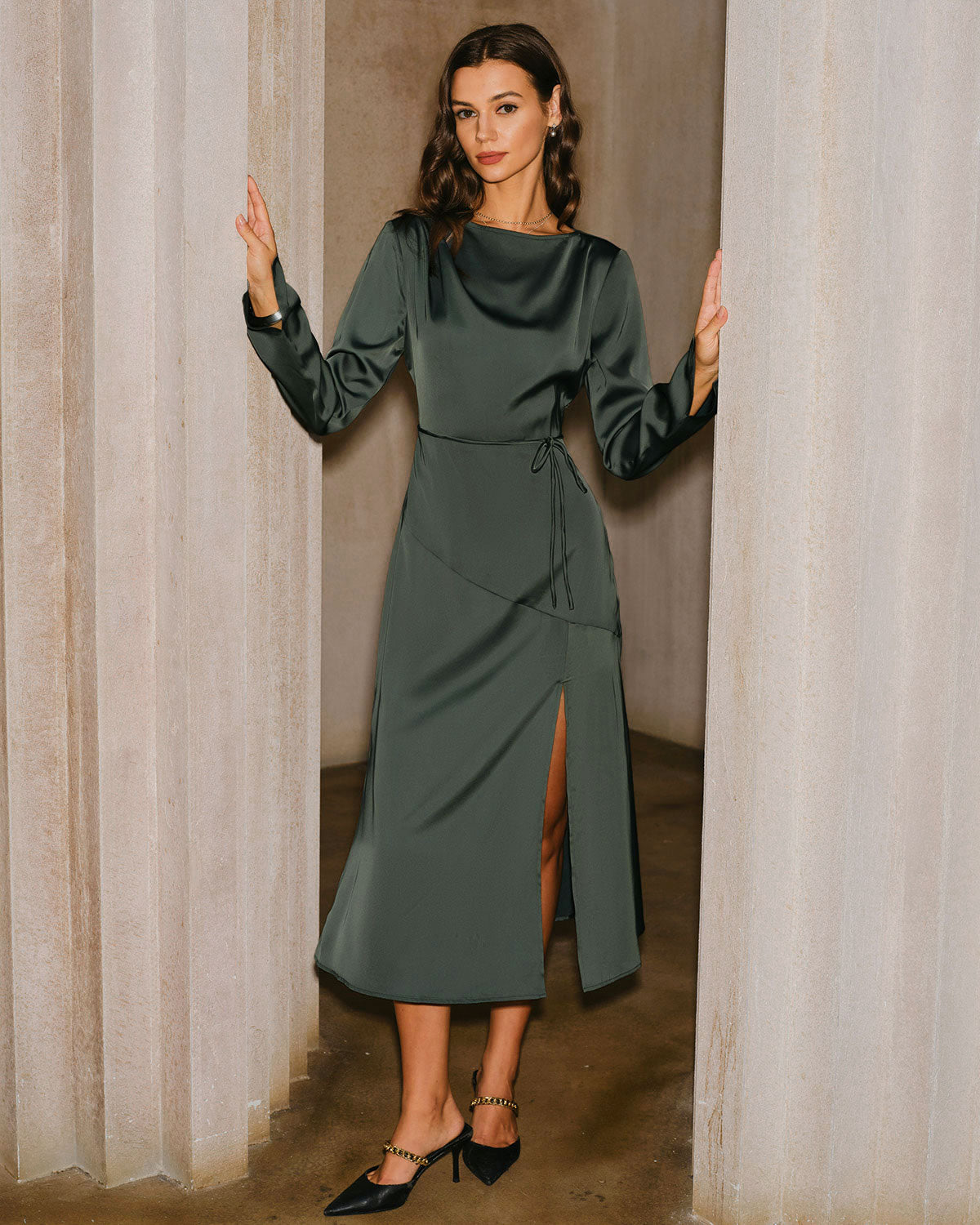 Green Satin Cowl Neck Slit Midi Dress & Reviews - Green - Dresses | RIHOAS Green Satin Cowl Neck Slit Midi Dress & Reviews - Green - Dresses | RIHOAS