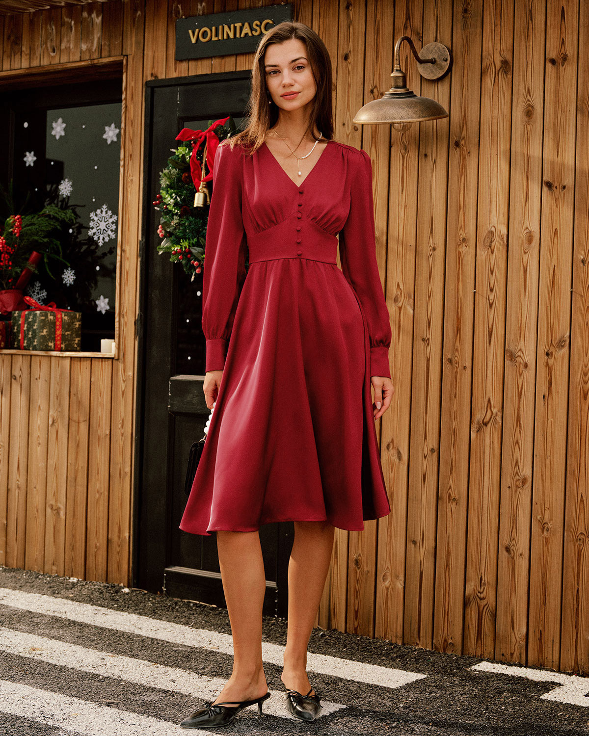 Wine Red Satin V Neck Midi Dress & Reviews - Wine Red - Dresses
