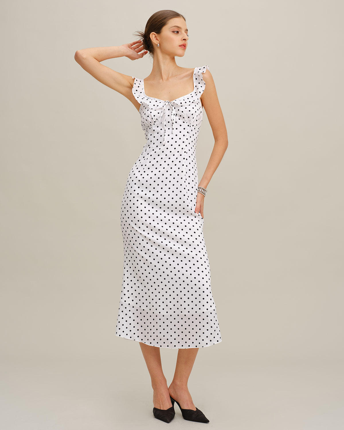 White Polka Dot Ruffle Midi Dress White Polka Dot Ruffle Midi Dress