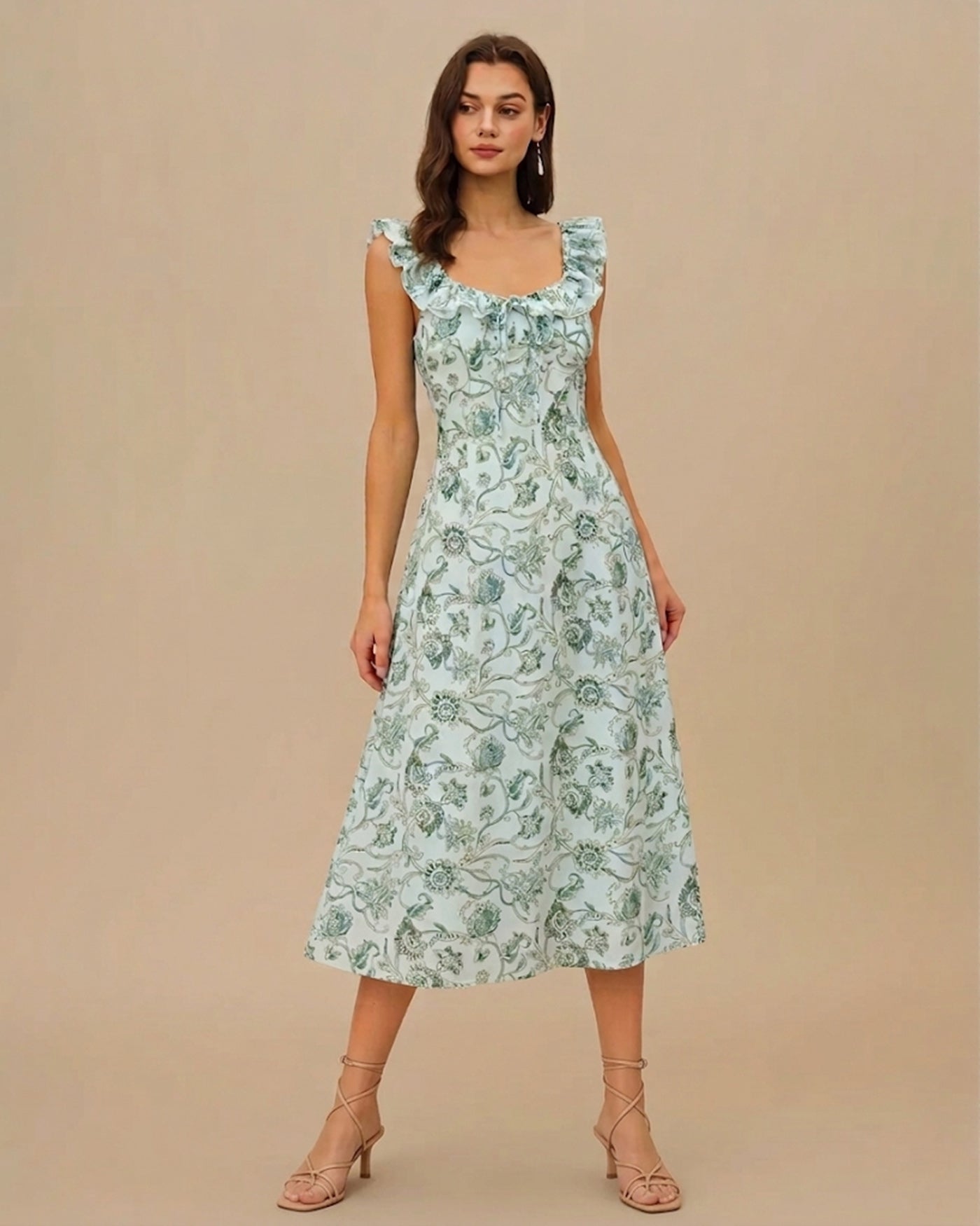 Floral Square Neck Ruched Midi Dress