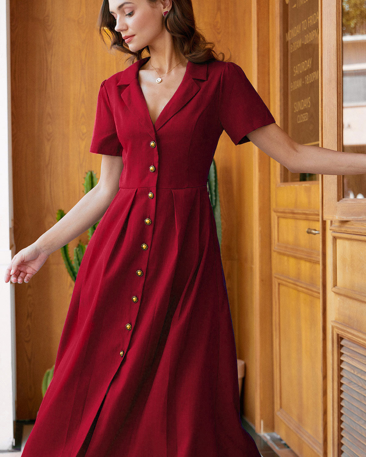 Rihoas Collared Midi Shirt Dress in Red Linen-Blend | Short Sleeve A-Line Button-Up, Red / M Rihoas Collared Midi Shirt Dress in Red Linen-Blend | Short Sleeve A-Line Button-Up, Red / M