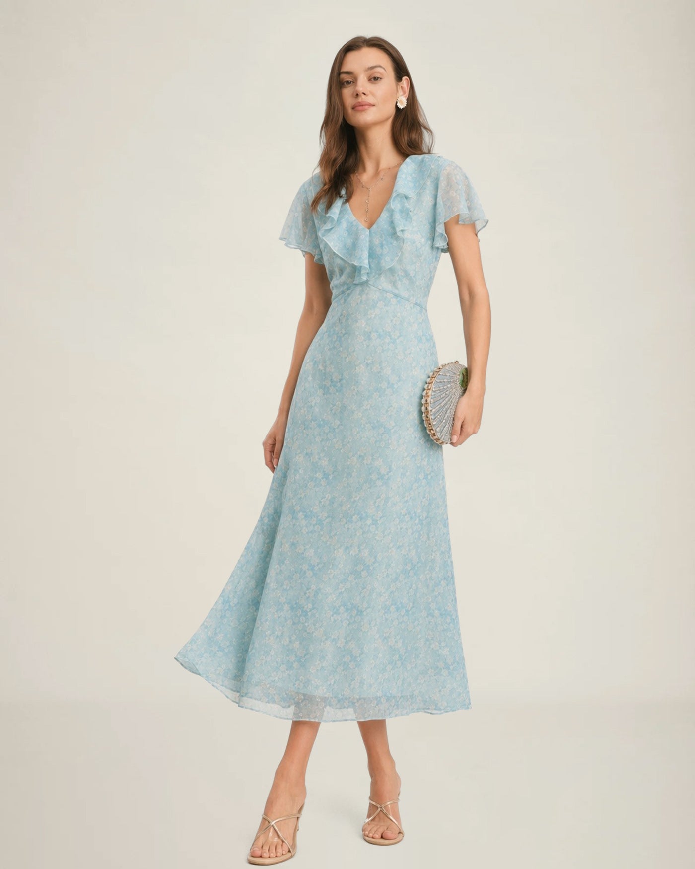 Blue V Neck Floral Ruffle Midi Dress & Reviews - Blue - Dresses