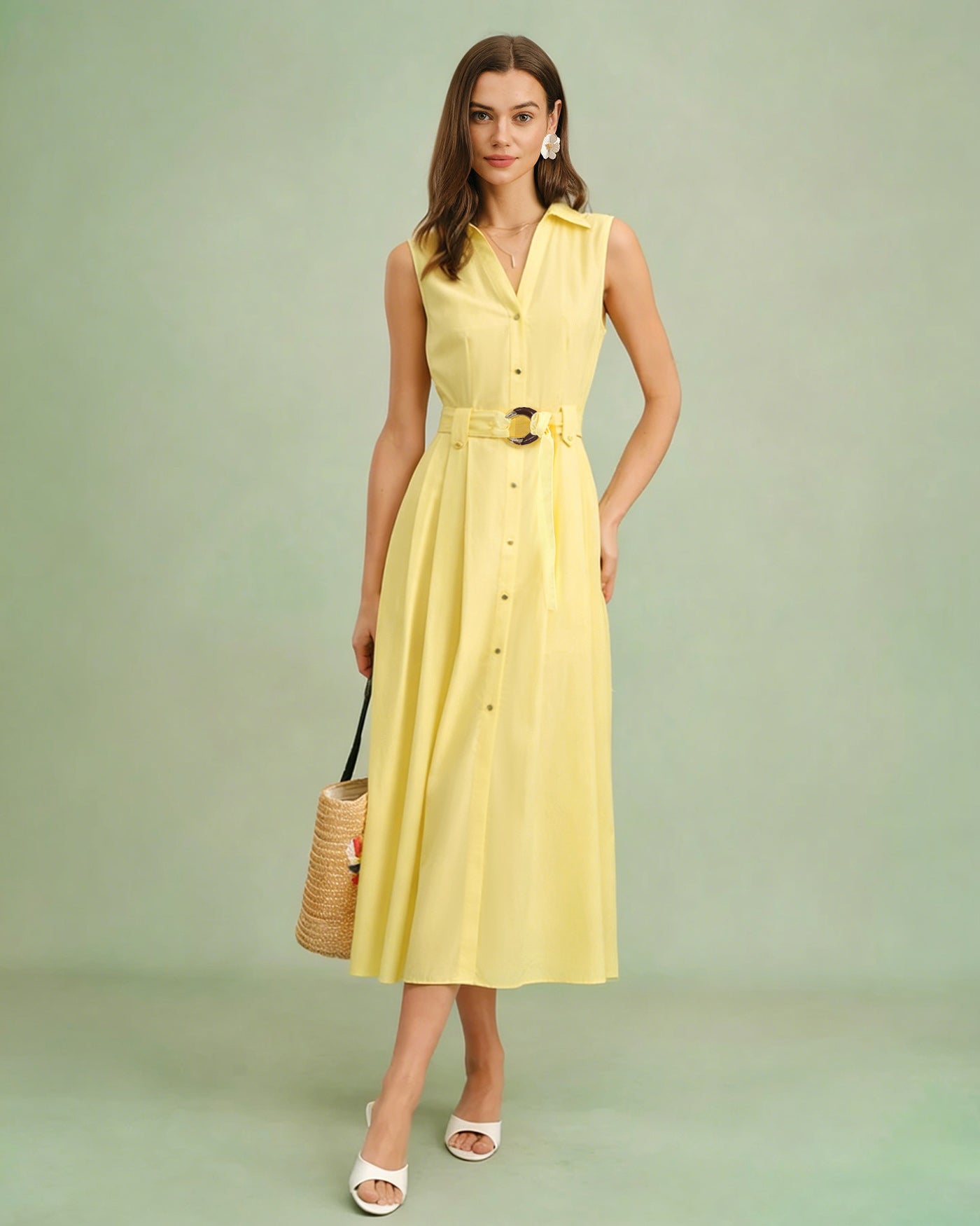 Yellow Collar Belt Button Midi Dress Yellow Collar Belt Button Midi Dress