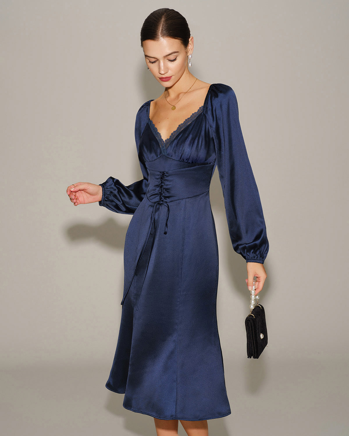 Navy Satin V Neck Ruched Midi Dress - Main Image