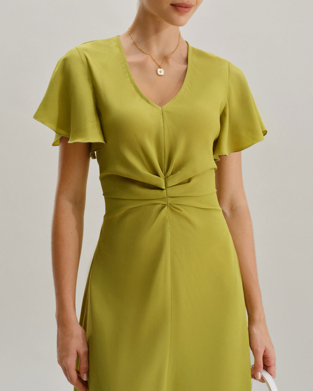 Green V Neck Ruffle Sleeve Midi Dress