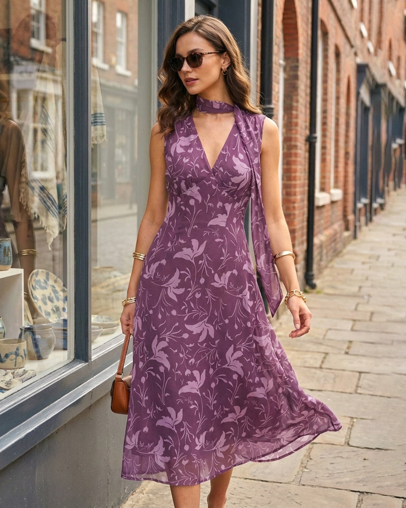 Rihoas Floral Chiffon Halter V Neck Midi Dress